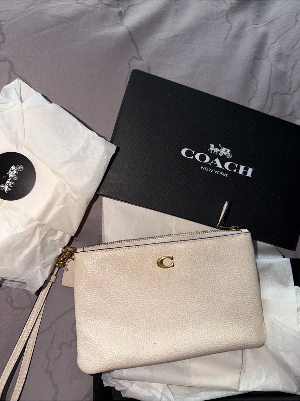 Coach Cream Pebbled Leather Wristlet with Gold C Hardware